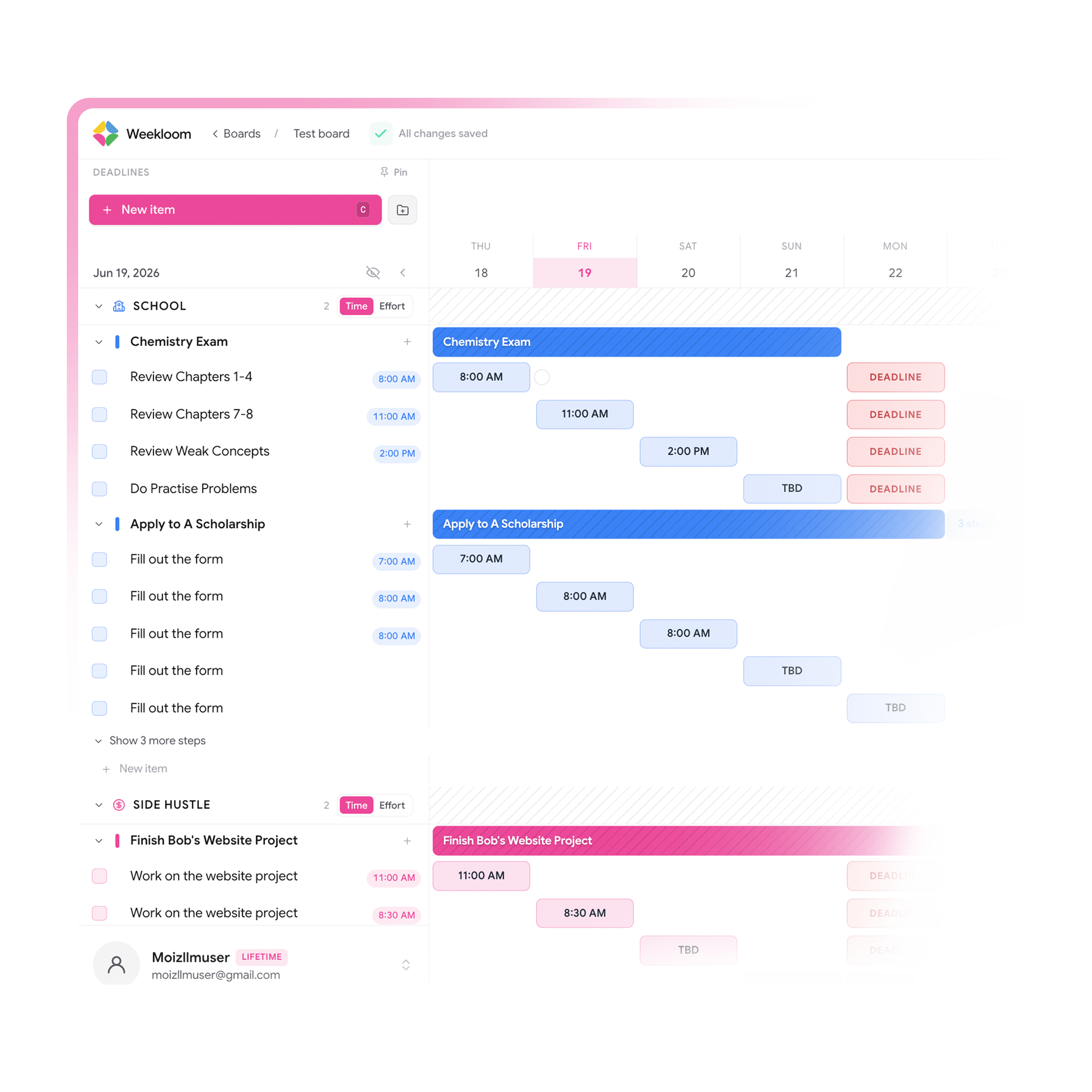 Weekloom planner with tasks down the side, days across the top, and deadlines and time blocks laid out across the week